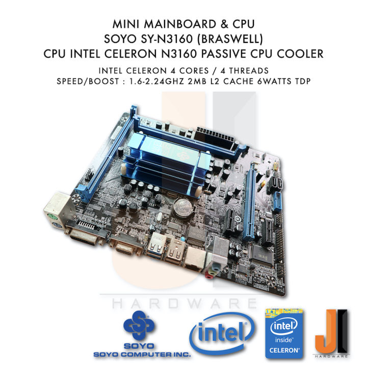 mainboard-with-cpu-soyo-sy-n3160-braswell-cpu-intel-celeron-n3160-1-6ghz-4-cores-4-threads-6-watts-tdp-passive-cpu-cooler-มือสองสภาพดี