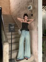 Uniqlo New Fashion version Hong Kong style raw edge splicing jeans for women in summer Korean style high-waisted slimming wide-leg pants loose slimming floor-length pants