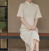 Beige Cheongsam สั้นหลวมแขนลูกปัดฤดูร้อนชุดยาว Vintage ผู้หญิง Qipao S To 2XL