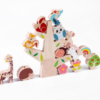 Wooden Blocks Children Montessori Animal Games Kids Baby Educational Toys Wooden Building Balance Blocks Natural Tree Toy