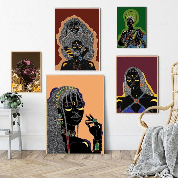 บทคัดย่อสาวแอฟริกันผ้าใบภาพวาดโปสเตอร์ศิลปะป๊อปสำหรับตกแต่งห้องนั่งเล่น-ผู้หญิงผิวดำ-wall-art