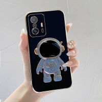 เคส Xiaomi 11T Pro  นักบินอวกาศขาตั้งแบบพับได้แฟชั่นสีทึบหรูหราชุบโครเมียมนุ่ม TPU เคสโทรศัพท์สแควร์คลุมทั้งหมดเคสป้องกันกล้อง