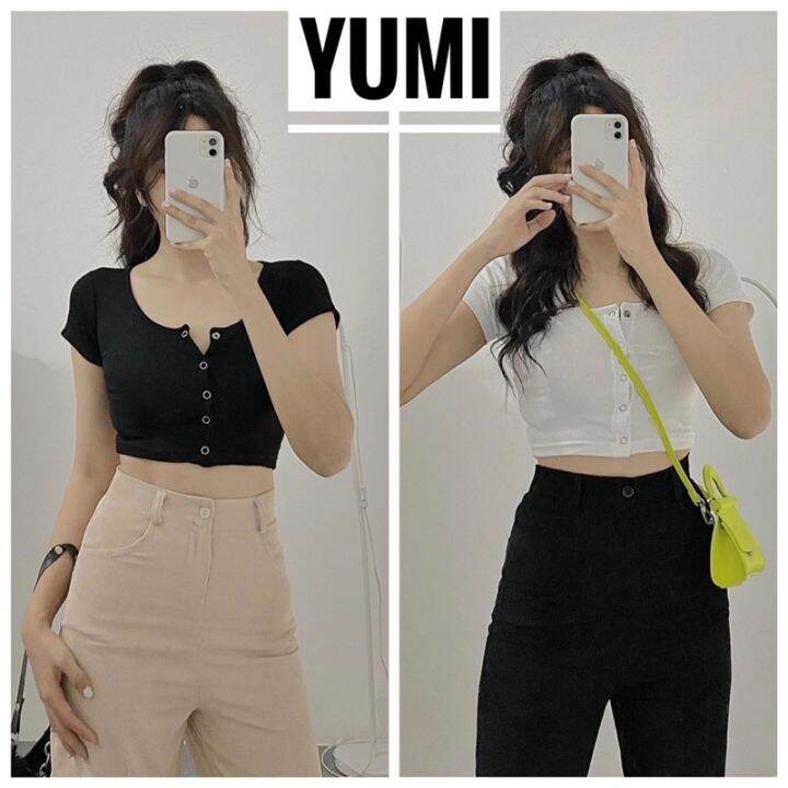 Áo Croptop Tay Ngắn Nút Bấm Chất Gân Co Giãn Ôm Body Siêu Hot 2022 ( Ảnh  Thật Ở Cuối ) | Lazada.Vn