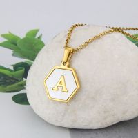 Gold Initial Letter Charm Necklace Stainless Steel White Shell Hexagon 26 Letters Pendants Necklaces Women Jewelry Drop shipping