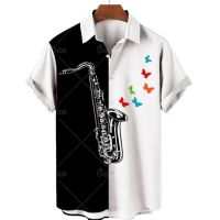 ร้อน, ร้อน★Music Guitar Print Hawaiian Shirt Men Short Sleeve Beach Hip Hop Harajuku Shirt Oversized Top