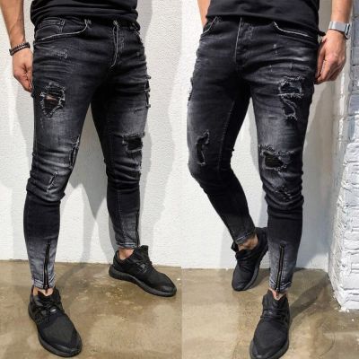 2022กางเกงสตรีทกางเกงยีนส์จับคู่ได้ทุกชุดของผู้ชายอินเทรนด์ Jeans Slim Fit ขายาวรัดรูปขายาวมีรอยขาดกางเกงเดนิมสำหรับขี่มอเตอร์ไซค์