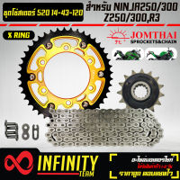 ชุดโซ่สเตอร์ NINJA250/300,Z250/300,R3 (520)14-43-120L โซ่สเตอร์ สำหรับ NINJA 250/300,Z250/300,R3 สเตอร์หน้า JT 14 ฟัน สเตอร์หลัง 43 ฟัน INFINITY (สีทอง) โซ่ JT 520-120 ASMXBB สีดำ X-RING พระอาทิตย์ แท้ 100%