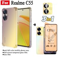 3 In 1 Realme C55เคสโทรศัพท์สำหรับ Realme C 55 C5 5เคสโทรศัพท์กันตกสี่มุม + ฟิล์มกระจกเทมเปอร์ + ฟิล์มเลนส์