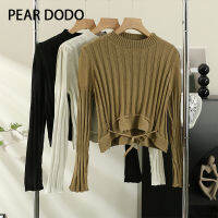 PEAR DODO เสื้อสเวตเตอร์ถักแบบสวมหัวสำหรับผู้หญิงเสื้อสเวตเตอร์แบบสั้นมีเชือกผูกปากถุงสำหรับคอกลมวินเทจสไตล์เกาหลี