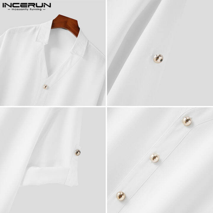 incerun-เสื้อลำลองแขนยาวคอวีสำหรับผู้ชายเสื้อทรงหลวมสำหรับใส่วันหยุดเสื้อทีท็อป-สไตล์เกาหลี