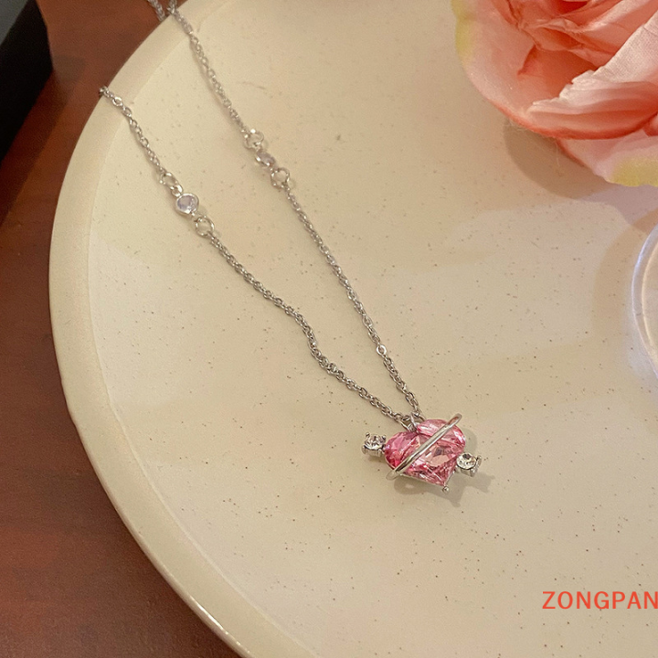 zongpan-สร้อยคอหัวใจเพทายสีชมพูสำหรับผู้หญิงดีไซน์อ่อนหวานปราณีตเครื่องประดับสำหรับงานเลี้ยง