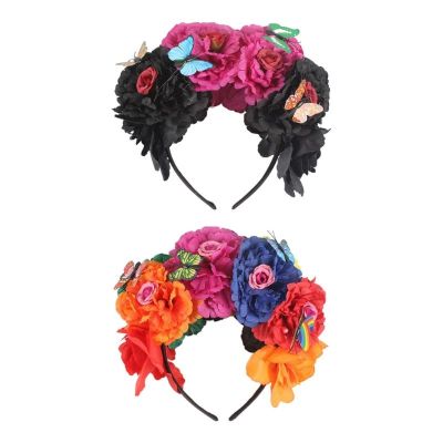 【YF】 Halloween Simulation Colorful Peony Flower Headband Fairy Butterfly Mexican Wreath Crown Cosplay Party Costume Day of The Dead H