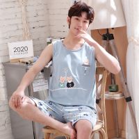 2 Pieces Set Short Sleep Tops Pant Mans Pajamas Set Cotton Sleepwear Summer Thin Homewear pijama masculino night clothes