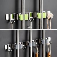 Wall Mounted Bathroom Hook Mops Rack Broom Racks Stainless Steel Punch-free Mop Clip Space Saving Cleaning Tools Organizer Picture Hangers Hooks