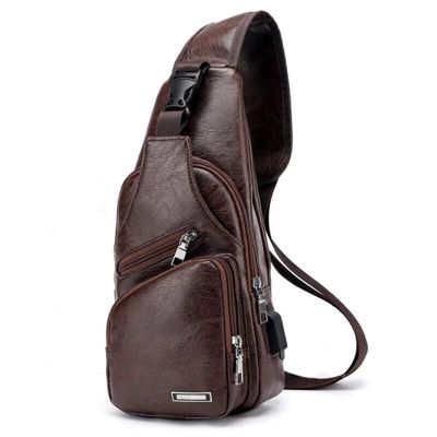 Mens Chest Bag with Charge Port USB Bag Retro Crossbody Pu Leather Vintage Business Bag Pouch for Sport Dark Brown