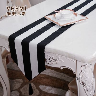 Black and white striped table runner thickening 100 cotton canvas wedding shoe cabinet flag hotel bed runner with tassels
