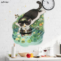 SUC Flowers Cute Cat Reflection Wall Sticker Self-adhesive Background Stickers For Home Bedroom