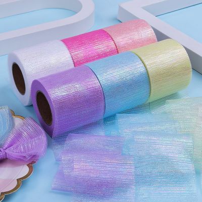6cm 25Yards Rainbow Tulle Colorful Iridescent Mesh Ribbon DIY Headband Pom Baking Gift Wrapping Material Party Event Decoration Gift Wrapping  Bags