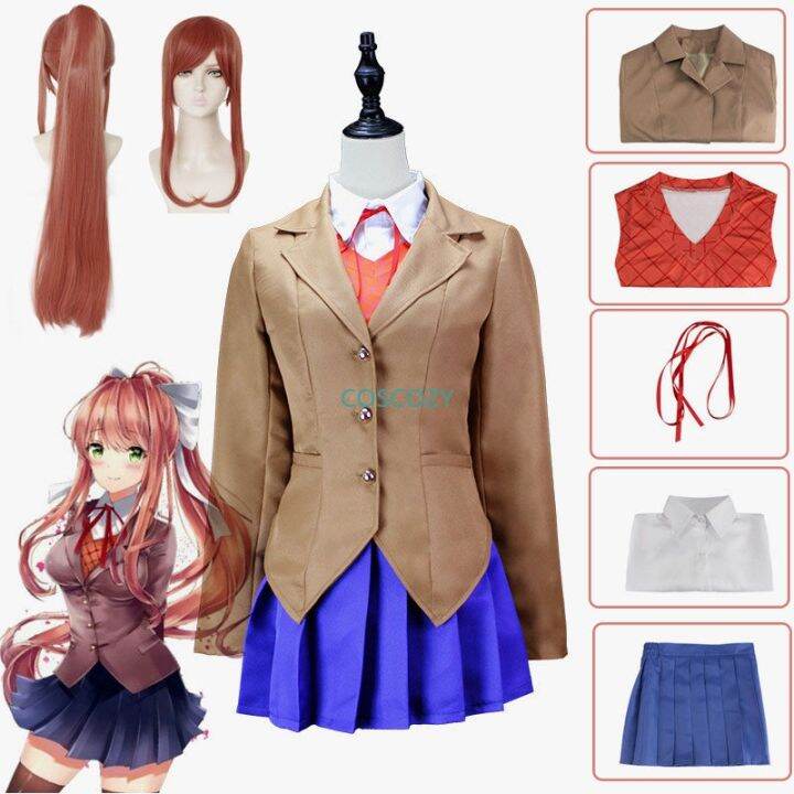 Muchen COS Anime Doki Doki Clube de Literatura Cosplay Monika Fantasia  Cosplay Uniforme Escolar Fantasia de Halloween Conjunto Completo, G,  Tamanho �nico