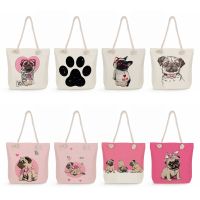 Pug Cartoon Print High Capacity Lady Fashion Tote Bags Linen Thick Rope Summer Female Shoulder Bag Women Star Dog Paw Handbags