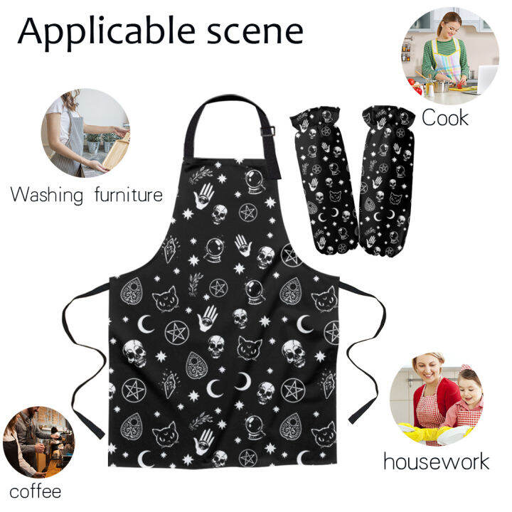 apron-kit-black-witch-skull-moon-divination-kitchen-bib-oven-mitts-for-cooking-woman-kids-aprons-cuff-baking-accessories