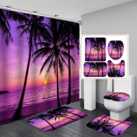 3D Dusk Beach Coconut Tree Waterproof Shower Curtains Purple Polyester Bathroom Sets Toliet Lid Cover Non Slip Bath Mat Carpet