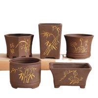 Purple Clay Succulent Plant Flowerpot Pure Handmade Ceramic Retro Flower Pot Bamboo Lotus Gold Outline Vase Balcony Home Decor