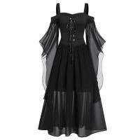 Gothic Witch ชุดคอสเพลย์ Vintage Off ไหล่ Lace-Up Vestidos ผ้าพันแผลตาข่ายชุดฮาโลวีน Carnival Party ยาว Cami Wear