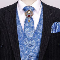 Barry.Wang Blue Floral Waistcoat for Men Slim Suit Vest Silk Vest Necktie Set Handkerchief Cufflinks Formal Vest for Business