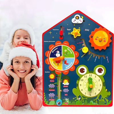 นาฬิกา Montessori ไม้สำหรับเด็ก1ของเล่นเรียนรู้ของเล่น8-In-1มัลติฟังก์ชั่นปฏิทินสภาพอากาศการเรียนรู้สำหรับเด็ก