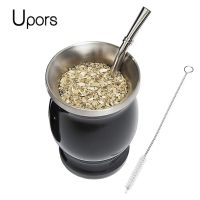 【High-end cups】 UPORS Yerba Mate Cup 304สแตนเลสสตีลผนังคู่8ออนซ์อาร์เจนตินา Yerba Mate Gourd กับ Bombillas และแปรงทำความสะอาด