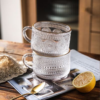 450ml Nordic SunFlower Embossed Glass Cup Transparent Coffee Mug Vintage Breakfast Milk Dessert Cup Tabletop Decor Drinkware