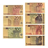 【No-profit】 KUBMart mall ธนบัตร7ชิ้น/ล็อต5 10 20 50 100 200 500ธนบัตรทองคำ EUR เงินกระดาษทอง24K สำหรับชุดสะสม