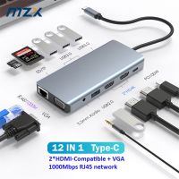 MZX 12-In-1แท่นวางอุปกรณ์ต่อฮับ USB คู่2 HDMI รองรับ Tipo C ประเภท1000Mbps แท่น Rj45สำหรับแล็ปท็อปแมคบุ๊ค Windows