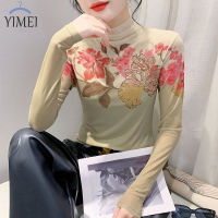 YIMEI เสื้อตาข่ายแขนยาวพิมพ์ลายดอกไม้,ใหม่2023ฤดูใบไม้ร่วงเสื้อยืดแขนยาวเข้ารูปพอดีแฟชั่นของผู้หญิงแนวโน้มแฟชั่นสีขาว