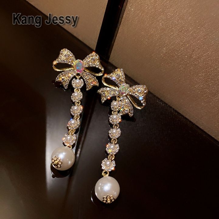 kang-jessy-925-ต่างหูโบว์ประดับเพชรสไตล์เกาหลีแบบเข็มเงินต่างหูมุกแบบยาวที่นิยมในโลกออนไลน์ต่างหูแฟชั่นเรียบง่ายสำหรับผู้หญิง