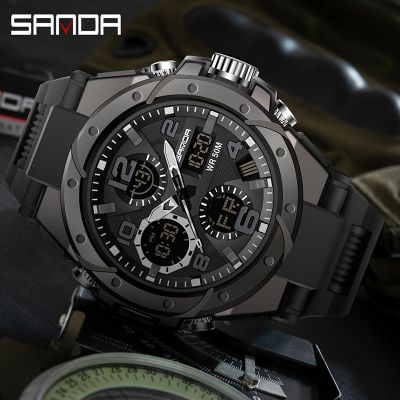 นาฬิกาควอตซ์ LED มัลติฟังก์ชันสำหรับผู้ชายกีฬากันน้ำชายนาฬิกาข้อมือของ SANDA 6008ทหารสำหรับผู้ชาย