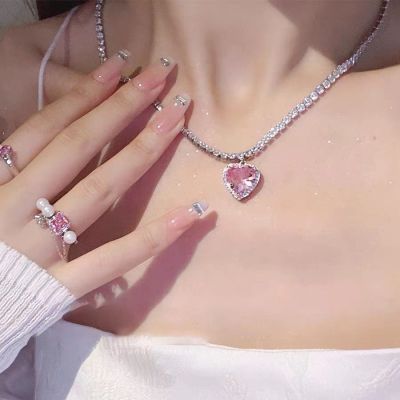 หัวใจสีชมพูจี้สร้อยคอคนรัก Rhinestione Clavicle Chain Choker หญิงน่ารักคริสตัล Moonstone Jewlery ของขวัญ-snlm03750