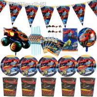 ✸♛ Blaze and the Monster Machines Design Decorate Cup Plate Kids Favors Baby Shower Dishes Glass Flags Birthday Party Tableware Set