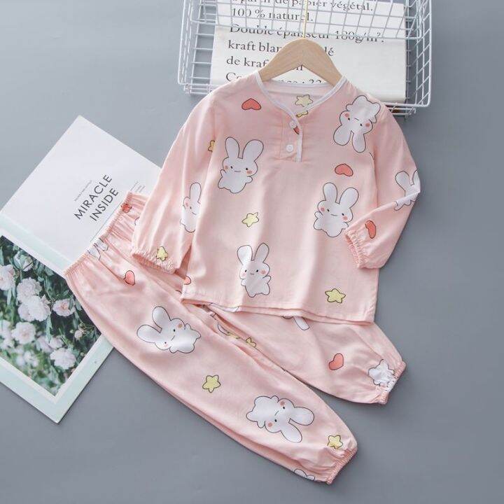 ready-childrens-pajamas-summer-thin-section-long-sleeved-girl-baby-girl-little-boy-summer-big-boy-cotton-silk-air-conditioning-home-clothes