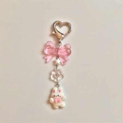Bunny Pink Cute Bow Star White Handmade Beaded Phone Charm Keychain Coquettish 2023 New Fashion love Keychain