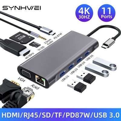 4/11ใน1ฮับ USB อะแดปเตอร์3.0ชนิด C เป็น4K HDMI-รองรับ VGA RJ45 Lan Ethernet Sd/tf 87W PD แท่นวางมือถือพีซีตัวแยกแล็ปท็อป Feona