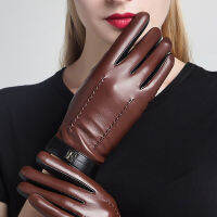 Genuine Leather Women Gloves Female Elegant Two Tones Sheepskin Gloves Autumn Winter Warm Plush Lined 3326