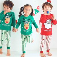 COD SDFGDERGRER INNOCENCE-1-6 Years 2 Pcs Children´s Cotton Christmas Pajamas Set Santa Claus Elk Print Round Neck Long Sleeve Casual Pullover Stripe Star Loose Trousers