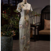 เซ็กซี่โลตัสพิมพ์ซาตินแขนสั้นสไตล์ยาว cheongsam โอเรียนเต็ลด้านแปดปุ่มผู้หญิง qipao