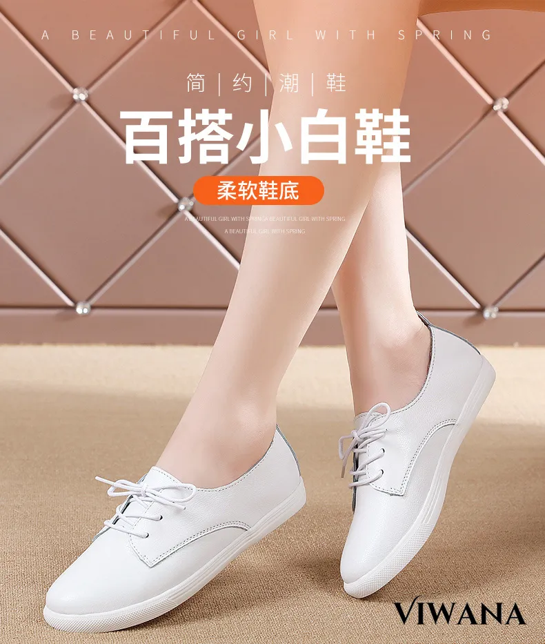 VIWANA White Flat Shoes Women Leather Casual Shoes Lace Up Oxfords