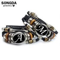 A-Z English Letters Leather Bracelet 26 Initial Letters Cabochon Glass Black Color Snap Bracelet Women Men Couple Wristband Gift