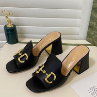 original GG Round Head Open Toe Letter Embroidered Print Thick Heel Slippers (with Shoe Box)