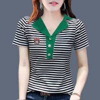 เสื้อยืด Kaus Polo Garis แขนสั้นผู้หญิง,เสื้อโปโลคอโปโลผ้าฝ้ายคอสีตัดกันเสื้อโปโลอเนกประสงค์แฟชั่นฤดูร้อนใหม่