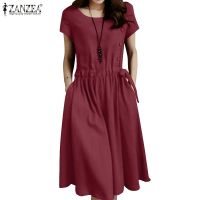 COD DSFGRDGHHHHH ZANZEA Women Casual High Waist Mini Dress O-Neck Solid Color Party Dress Summer New Elegant Fashion Dresses